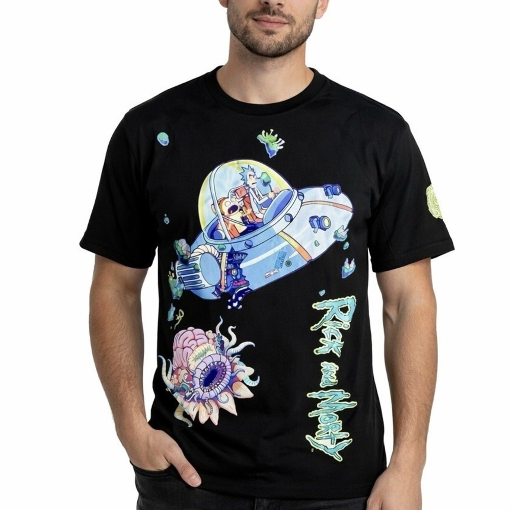 RICK AND MORTY Graphic T Shirt Men Large Black Applique Fabric Detail Adult Swim